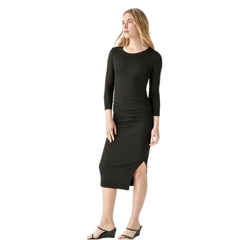 Michael Stars Black Midi Dress LP Petite Ruched Side Slit Made USA NWOT